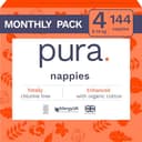 Pura Eco babyluiers - maat 4 (8-14 kg/18-31 lbs), 6 x 24 luiers (144 totaal), maandpakket, ultrazachte luiers voor de gevoelige huid, biologisch katoen, tot 12 uur lekbescherming, nieuwe maatgids